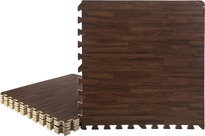 Foam Floor Tiles - 24sqft Wood Grain Interlocking Foam Tiles with Border - Soft Play Mat Playroom or Gym Flooring for Home Gym by Stalwart (Dark)