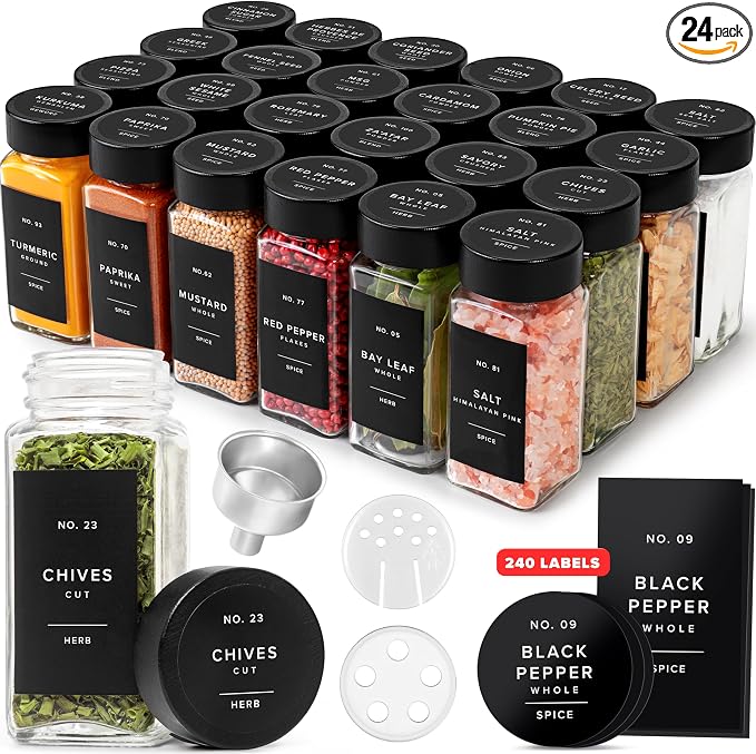 EDELHAUS Glass Spice Jars with Label, 24x Black Bamboo Wooden Lids | Airtight Lids keep spices fresh, Kitchen Spice Drawer Organizer, 4oz Seasoning Containers incl. Funnel, Brush & 240 Labels