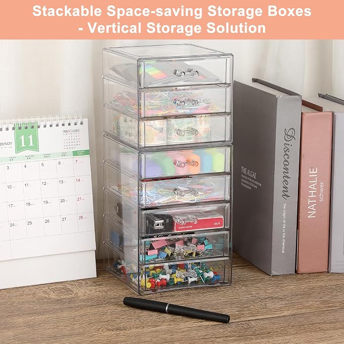 BTSKY Clear Acrylic Storage Organizer with Drawers, 3-Layer Desktop Organizer for Office Essentials, Multi-Purpose Stackable Container for Bathroom Vanity, Desk Makeup Jewelry Container Storage Box