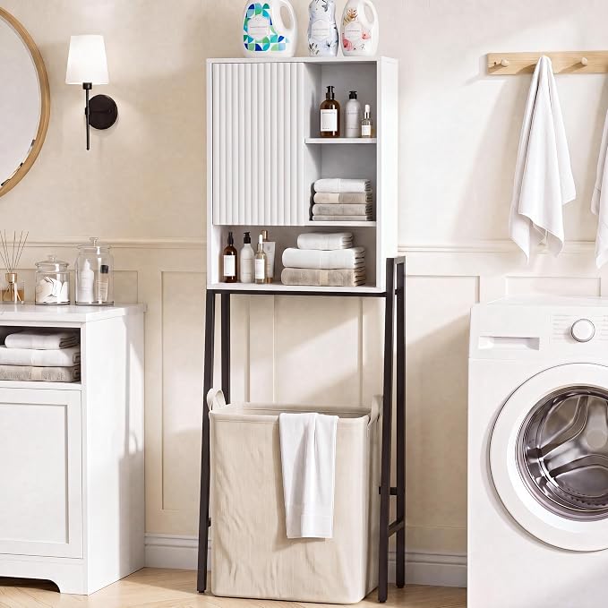 24" W Over The Toilet Storage Cabinet with Fluted Door,Bathroom Organizers and Storage with Adjustable Shelves, Modern Over Toilet Organizer for Bathroom,Restroom,Laundry,White