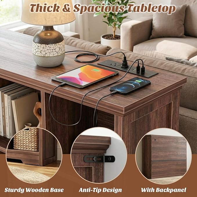 Aheaplus Wooden 9-Cube Storage Organizer with Charging Ports, Modern Cube Bookcase with Base, 4-Tier Floor Standing Open Cubbies Bookshelf, Cubicle Display Shelf for Home and Office, Black Walnut