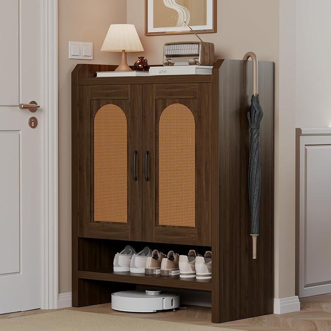 Mericonia 6-Tier Shoe Cabinet Storage for Entryway, Rattan Shoes Organizer Cabinets with Doors, Wooden Shoe Rack, Farmhouse Boho Wood Storage Cabinet (Walnut, 6-Tier)