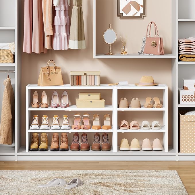 Hoctieon 3-Tier Expandable Shoe Shelf, Adjustable Shoe Shelf Storage Organizer, Stackable Iron Wood Combination Free Standing Shoe Rack for Entryway, Closet, Doorway, White