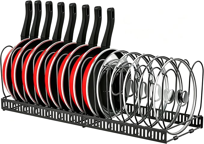 Expandable Pot and Pan Organizer for Cabinet, 14 Adjustable Dividers, Versatile Pan Holder Storage Rack, Extends from 12'' to 23'', Fits Cabinets, Countertops, or under Sink, Black, Iron