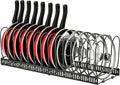 Expandable Pot and Pan Organizer for Cabinet, 14 Adjustable Dividers, Versatile Pan Holder Storage Rack, Extends from 12'' to 23'', Fits Cabinets, Countertops, or under Sink, Black, Iron