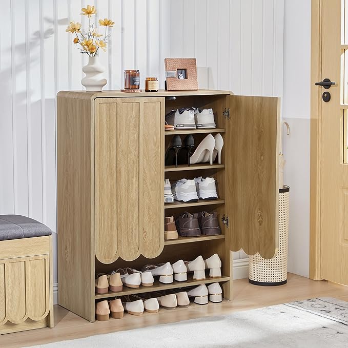 ORRD Shoe Storage Cabinet with Scalloped Doors, 5-Tier Wooden Shoe Cabinet with Adjustable Shelves, Shoes Rack Storage Organizer for Entryway, Hallway, Living Room, Natural