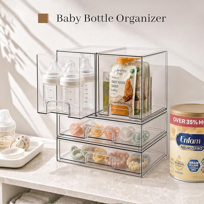 TIPGO Clear Stackable Storage Drawers, Baby Bottle Organizer, Easily-Access Makeup Organizer, Durable Containers for Bathroom Countertop, Cabinet, Pantry and Medicine Organization