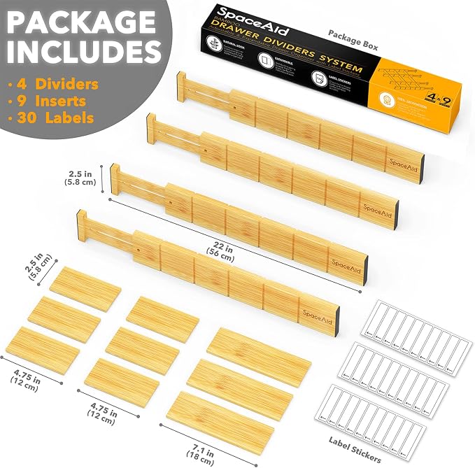 SpaceAid Bamboo Spice Drawer Organizer and Bamboo Drawer Dividers with Inserts and Labels, Kitchen Adjustable Drawer Organizers