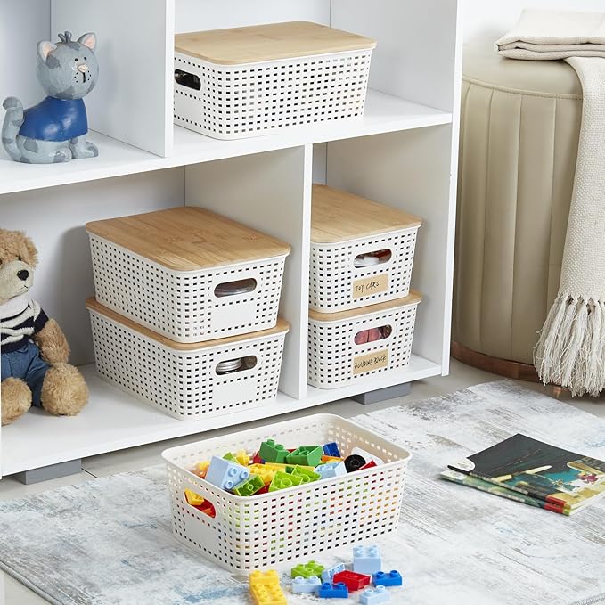 Bagnizer Small Plastic Storage Bins with Bamboo Lids 5.2qt Stackable Box Basket Pantry Decorative Containers Cute with Lable for Organizing Desktop Closet Office Cream White of 6 packs 10*7.2*4.1'’