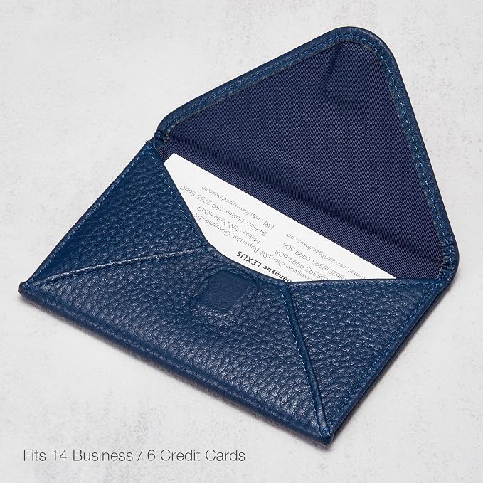 HISCOW Italian Pebbled Leather Business Card Holder, Minimalist Full Grain Envelope Card Case with Hidden Magnetic Closure, 0.19 Inch Slim Front Pocket Wallet for Men and Women, Blu Navy