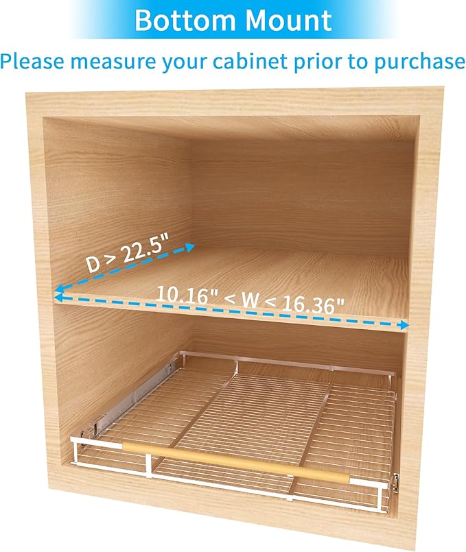 Expandable Pull Out Drawer Cabinet Organizer, Adjustable Width Bottom-Mounted Slide Out Storage Shelves for Cabinets, Required Cabinet Size (W: 10.16"~16.36", D≥22.5"), 1 Pack