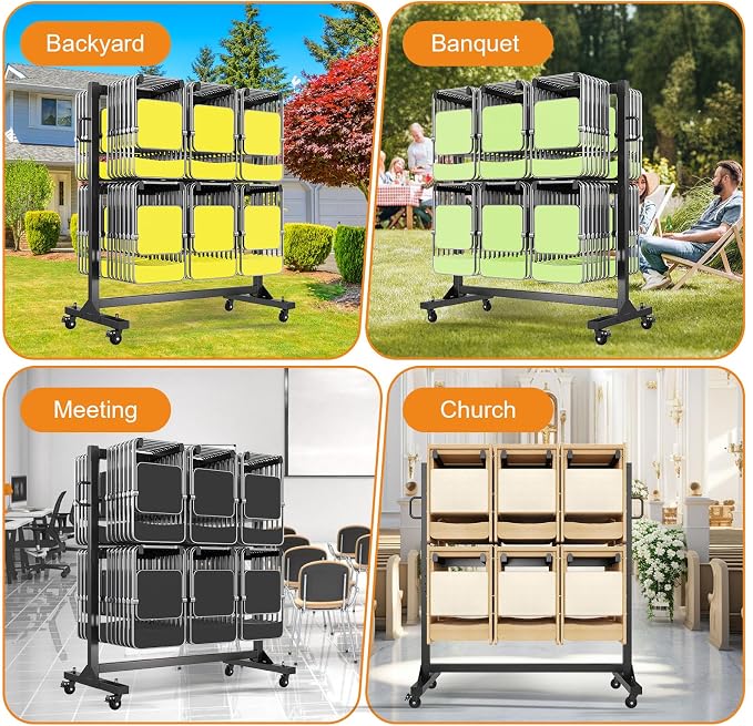SPECRAFT Folding Chair Rack, Holds 12 Tables or 84 Chairs with 50 PCS Chair Covers, 1100 lbs Capacity, Heavy-Duty Cart with Wheels, Elastic Cords, Cover, Glossy Black