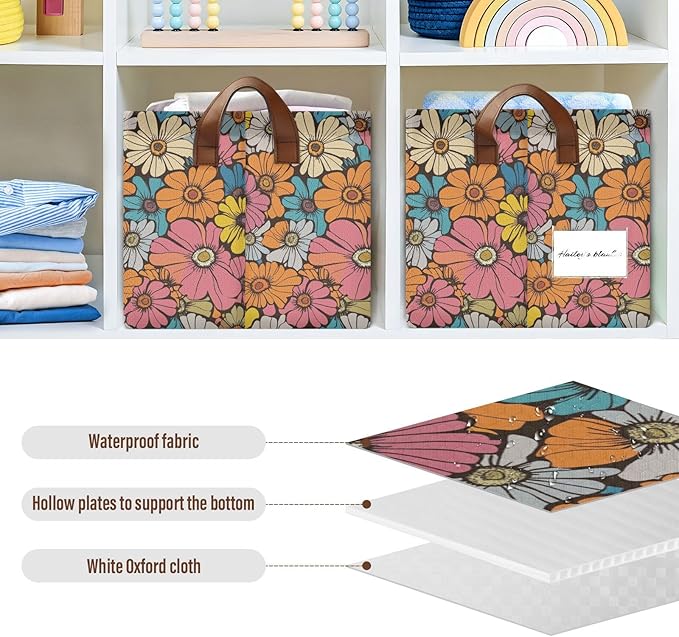 Retro Daisy Flower Storage Bins for Shelves with Labels&Handles Fabric Organizer Bin Vintage Floral Foldable Rectangle Storage Basket Orange Hippie Boxes for Closet, Home, Living Room, Laundry-2 PC