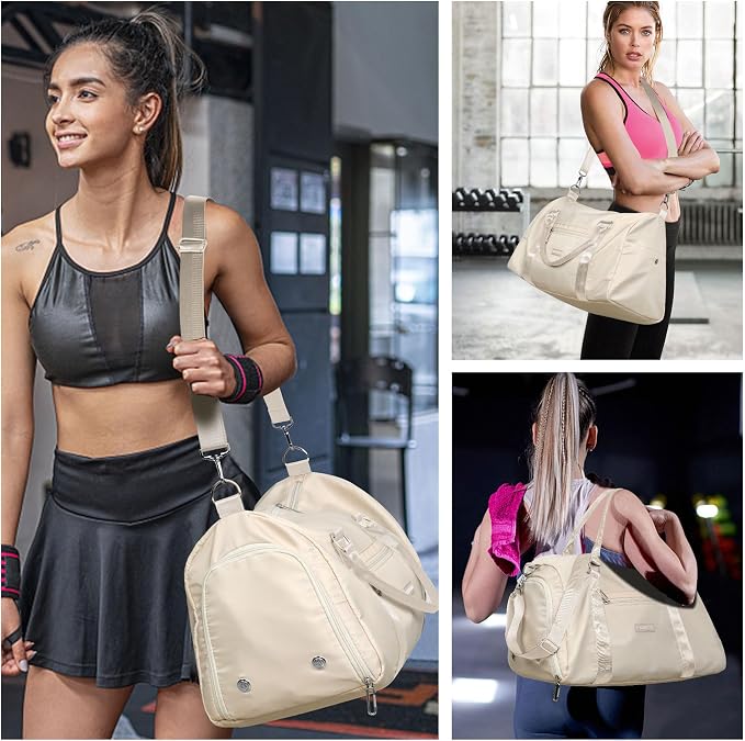 FIORETTO Womens Gym Tote Duffle Bag with Wet Pocket & Shoe Compartment, Sports Duffel Overnight Weekender Hospital Workout Carry on Bag for Girls, Ideal for Travel, Swimming, Dance, Ballet Beige