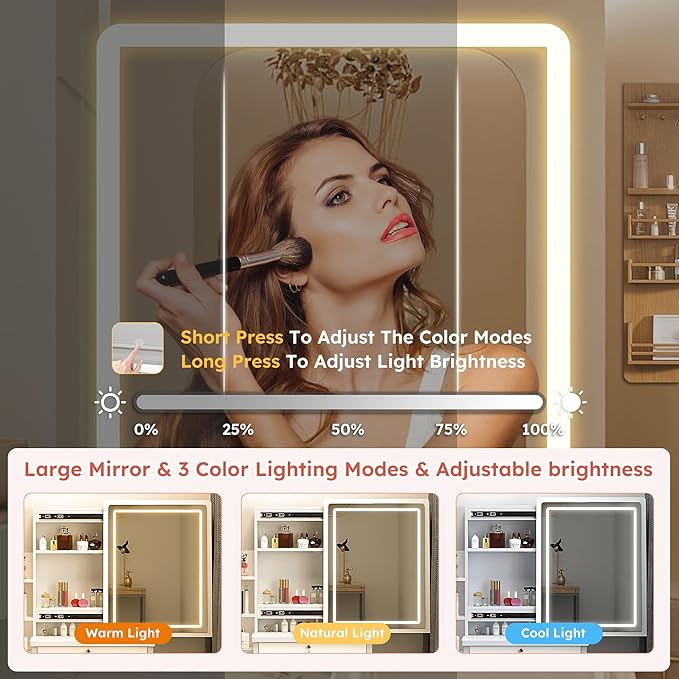 Makeup Vanity Desk with Mirror and Lights, Vanity Table Set with Storage Drawer & Chair & 3 Shelves, 3 Lighting Colors, Adjustable Brightness Small Makeup Vanity White