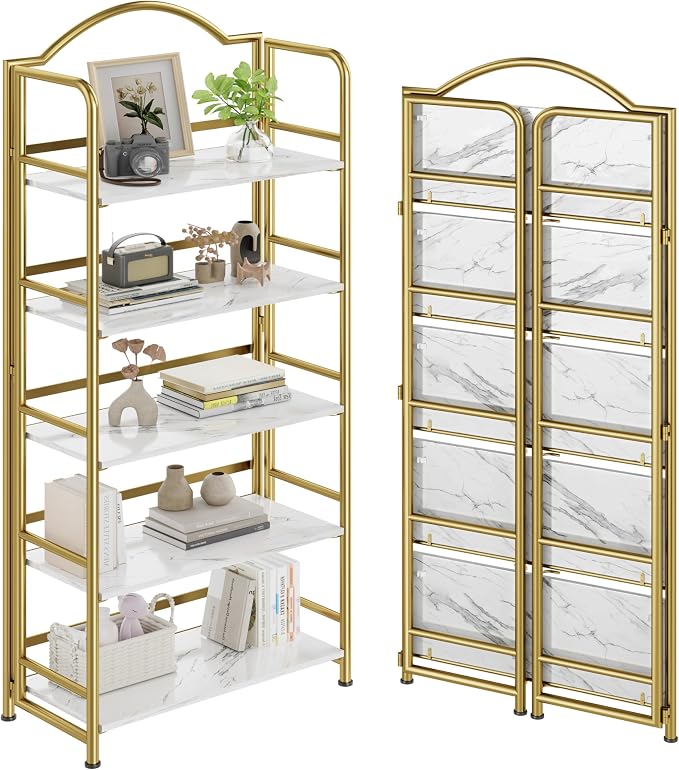 Gold Folding Bookshelf 4 Tiers, No Assembly,Vintage Storage Rack,White&Gold | Vintage Bookcase Multifunctional Plant Flower Stand, Storage Shelves Organizer for Home Office,Living Room,Dorm