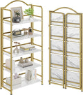 Gold Folding Bookshelf 4 Tiers, No Assembly,Vintage Storage Rack,White&Gold | Vintage Bookcase Multifunctional Plant Flower Stand, Storage Shelves Organizer for Home Office,Living Room,Dorm