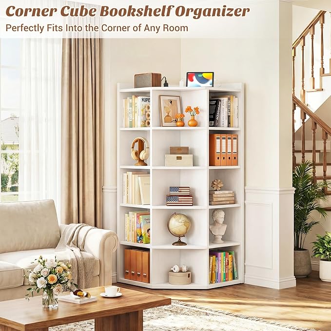 Aheaplus Corner Cabinet, 6-Tier Corner Bookshelf with Power Outlets, Corner Cube Storage Shelf with Top Table, Wooden L Cubby Toy Storage with 15 Cubes for Home Office, Bedroom, Living Room, White