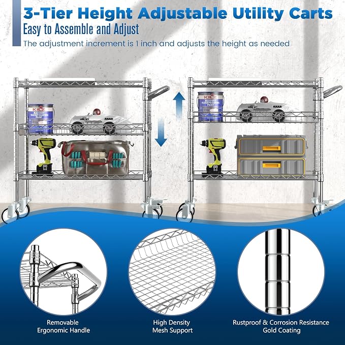 Leteuke 3 Tier Rolling Carts with Wheels, Heavy Duty Rolling Utility Cart | NSF Commercial Grade Metal Cart with Handle&Shelf Liner,Trolley Serving Cart for Kitchen,Restaurant,Plant Display,Chrome