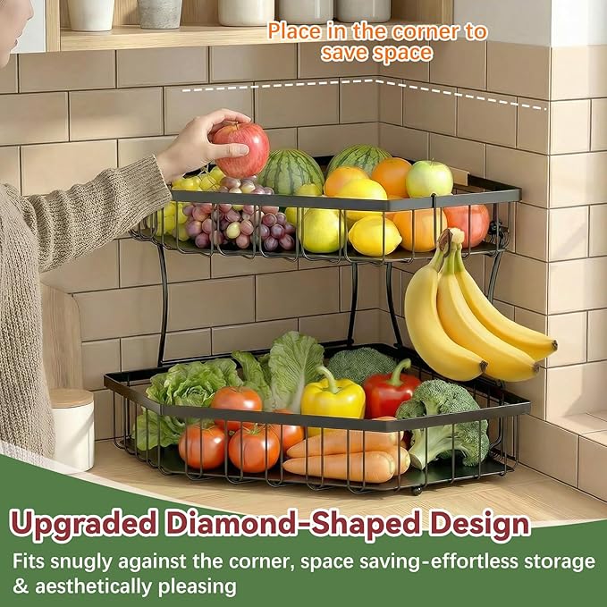 2 Tier Fruit Basket for Kitchen Counter - Detachable Metal Fruit Bowl with 2 Banana Hangers for Corner , Large Capacity Fruit Stand with Wooden Handle for Bread Fruit and Vegetable Storage- Black