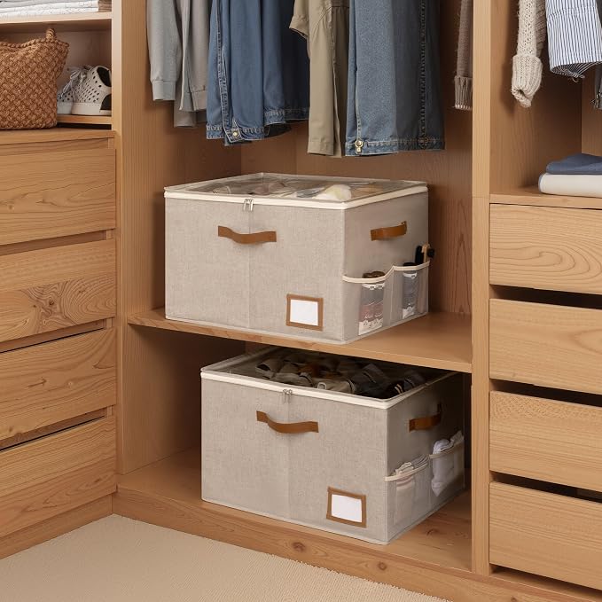 StorageWorks 2-Pack Closet Shoe Storage Organizer, Up to 32 Pairs, Brown | Fixed Compartments, Clear Lid & Label Window, Side Mesh Pocket for Accessories, Soft Handles, Fits Flats, Sandals & Low-Tops
