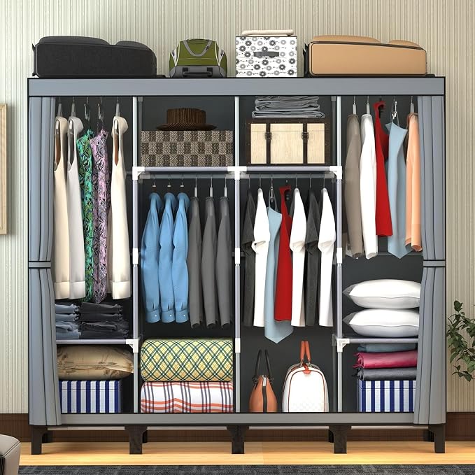 Portable Closet Wardrobe Closet for Hanging Clothes with 3 Hanging Rods for Bedroom, Non-Woven Fabric Clothes Closet for Living Room Easy Assemble (Gray, 4 Columns, 67 inch Width)