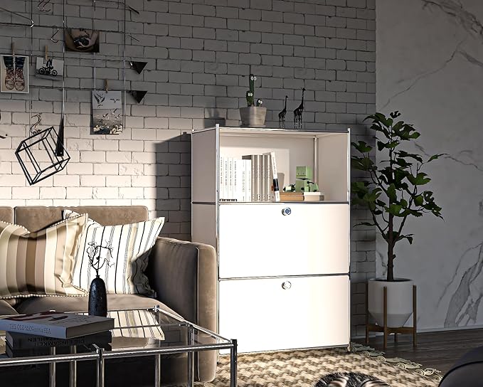 Metal Shelf with 2 Flap Doors, Large Capacity Cabinet,DIY Modern Home Furnishing,Perfect for Home, Office, Kitchen, Hallway,Foyer (White)