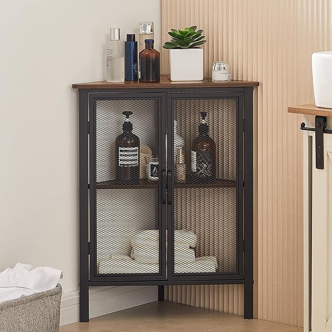 VECELO Corner Cabinet/Table, 3-Tier Display Shelves with Protection Door, Metal Frame Storage Shelf Organizer for Small Space, Living Room, Kitchen, Bathroom