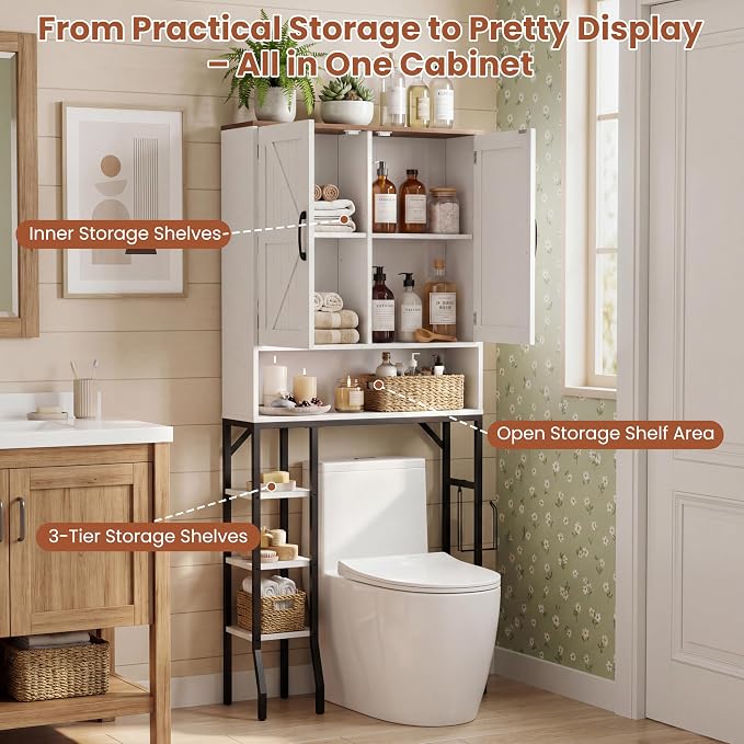 31" Over The Toilet Storage Cabinet with Barn Door,Bathroom Organizers and Storage with Adjustable Shelves, Farmhouse Over Toilet Organizer for Bathroom,Restroom,Laundry,White