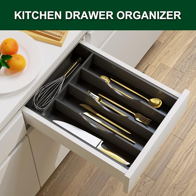 Utensil Organizer 10'' Silverware Drawer Organizer Cutlery Kitchen Bamboo | Natural Bamboo Black, 5 Compartment, Durable, Small Narrow Organizer, Silverware Tray, Utensil Holder, Silverware Organizer