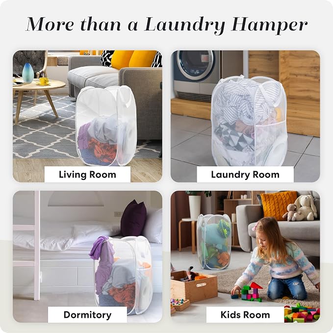 Pop Up Laundry Hamper, Collapsible Mesh Clothes Basket - Handy Laundry 71L Foldable Clothes Basket with Reinforced Handles, Wide Opening and Side Pocket for Dorm, Travel, Cruise, Bedroom (White)