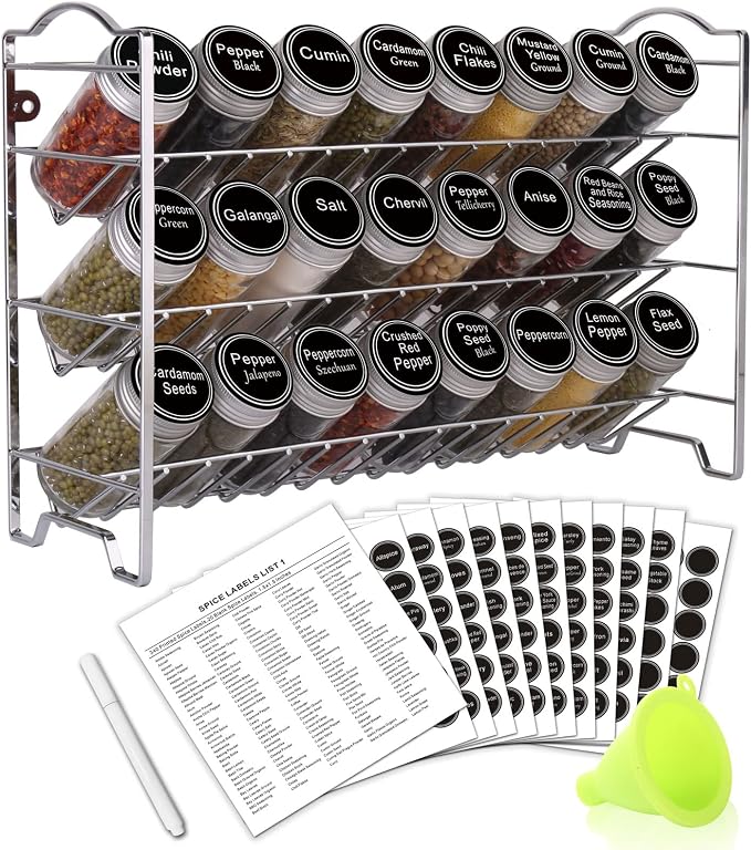 SWOMMOLY Spice Rack Organizer with 24 Round Spice Jars, 396 Spice Labels | Chalk Marker, Funnel Set for Cabinet, Countertop, Pantry, Cupboard or Door & Wall Mount - 24 Jars, 14.8" W × 9.8" H, Silver