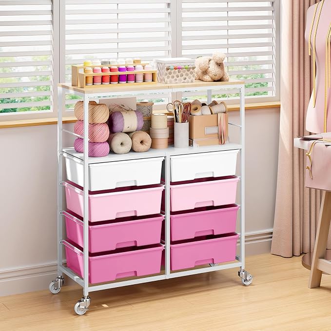 Rolling Cart with 8 Drawers,Storage Drawer Cart with Wooden Tabletop,Lockable Wheels Organizer for Homeschool, Arts & Crafts, Classroom, Office & Creative Spaces (Pink)