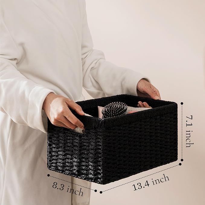 UBBCARE 4 Pack Wicker Basket, 13.4L×8.3H×7.1W inch Woven Paper Rope Storage Baskets for Shelves, Foldable Rectangular Storage Baskets with Handle, Storage Basket for Organizing, Black