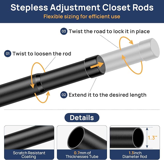 ENJOYBASICS Closet Rods for Hanging Clothes, 17 to 53 Inches Stepless Adjustable Closet Pole, 1.3 Inches Heavy Duty Clothes Rod for Wardrobes, Bathroom, Laundry and Windows, Black
