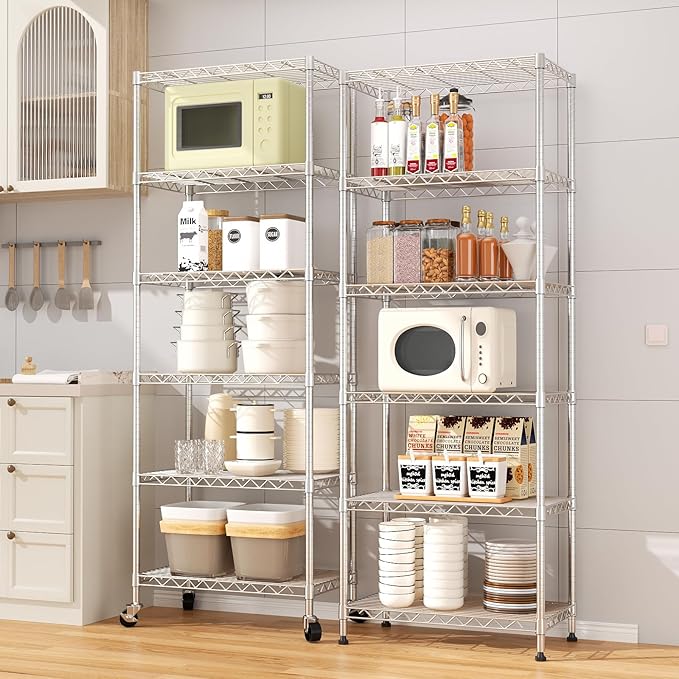 6-Tier Wire Shelving Unit,21.3" Wx11.4 Dx73 H,Metal Shelf Racks with Lockable Wheels, Height Adjustable Storage Shelves for Narrow Space/Laundry/Bathroom/Kitchen/Pantry/Closet/Chrome