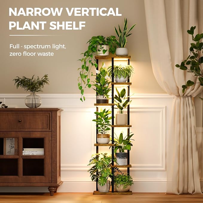 Bamworld Plant Stand with Grow Light for Indoor Plants Corner 7 Tier Metal Plant Shelf Wood Flower Stand for Home Living Room Decor Patio Decor