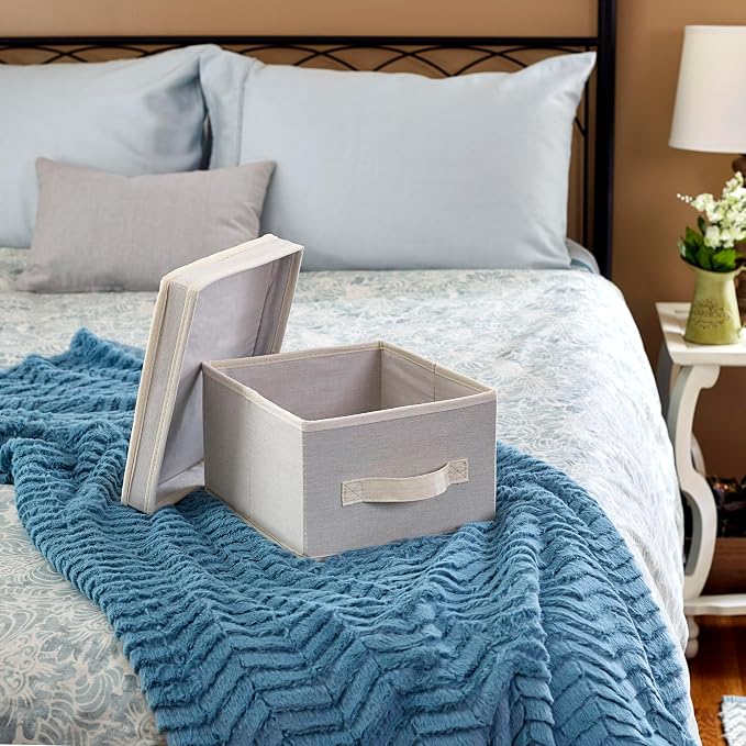 Household Essentials 111 Storage Box with Lid and Handle - Natural Beige Canvas - Medium,Natural Trim