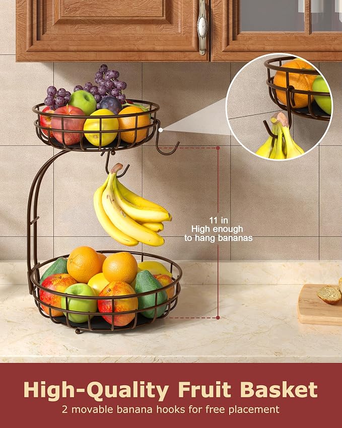 Sevenblue 2 Tier Modern Fruit Basket for Kitchen, Brown, Extra Large | Space-Saving Vertical Storage for Veggies, Bread, Snacks, Fits Under Cabinets, includes 2 banana hooks and protective mats