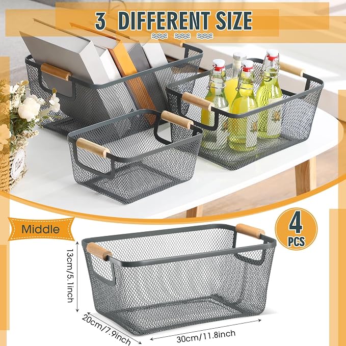 Ziliny 4 Pcs Metal Mesh Wire Baskets with Wooden Handles for Organizing, Pantry Organizers and Storage Steel Bin Kitchen Baskets for Fruit Potato Onion Snacks Bathroom Cabinet(Medium,Dark Gray)