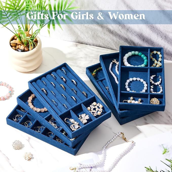 Junkin 18 Pcs Jewelry Drawer Organizer Inserts, Stackable Jewelries Inserts for Dresser Drawers, Drawer Insert Organizers Velvet Jewelry Trays for Rings Earring Bangle Necklace(Peacock Blue)
