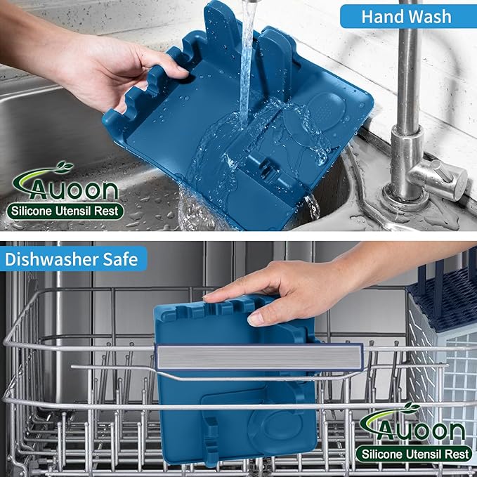 Auoon Silicone Spoon Rest with Lid Holder, 3-in-1 Kitchen Utensil Rest for Soup Ladles, Pot Lids, Spatulas, Spoons, Tongs, BPA Free & Dishwasher Safe, 8.26 x 8.06 Inch (Fog Blue, Large)