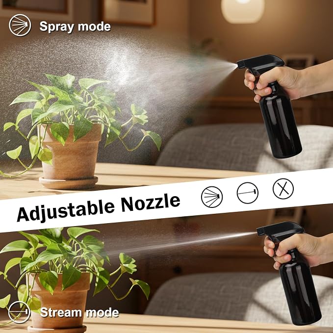 12oz Glass Spray Bottle 1 Pack, Adjustable Mist Stream,Brown | Refillable glass spray containers for hair care, plant maintenance, cleaning & essential oils