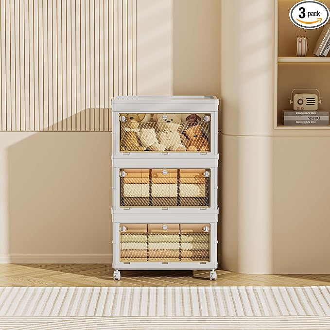 132 QT / 33 Gal Multi-Purpose Foldable Storage Cabinet - Transparent Dual Doors with 3-Stage Locking System, Heavy Duty Wheels, Simple Pull-to-Open Mechanism for Home/Office/Garage Organization