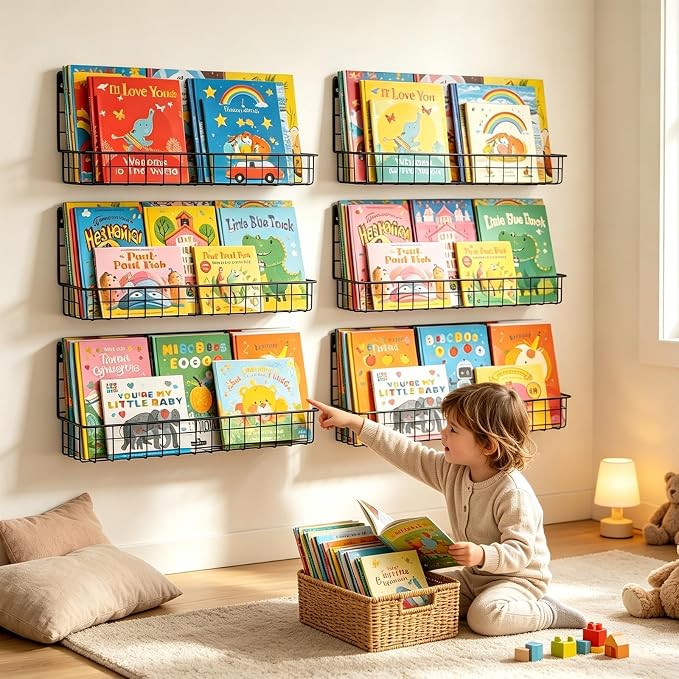X-cosrack 4-Pack Wall Mounted Metal Kids Bookshelf, Floating Book Shelves for Kids Nursery Toddler Classroom, Hanging Book Shelf Organizer for Room Decor, Black