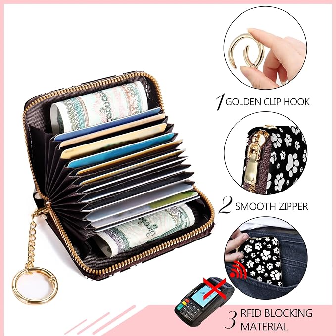 Blusabaca RFID Credit Card Holder Small Women Travel Wallet, Black Dog Paw | Removable Keychain, Case with Zipper, Vegan PU Leather, Cash Coin Pocket, Business Accordion Purse, Ladies Female Gift
