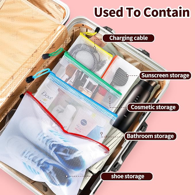 UMETDO 24pcs Mesh Zipper Pouch Bags - 8 Sizes Plastic Pouches for Organization, Mesh Bags With Zipper, Waterproof Clear Travel Pouches, File Bag for Office Supplies