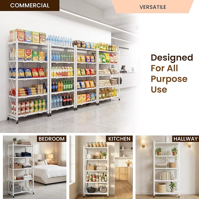 Our Modern Space 5-Tier Foldable Storage Shelf with Wheels | Metal Rack Collapsible Shelving Display | Rolling Cart for Books Kitchen Storage Shelves | Pantry & Closet Organizer | Office Room Decor