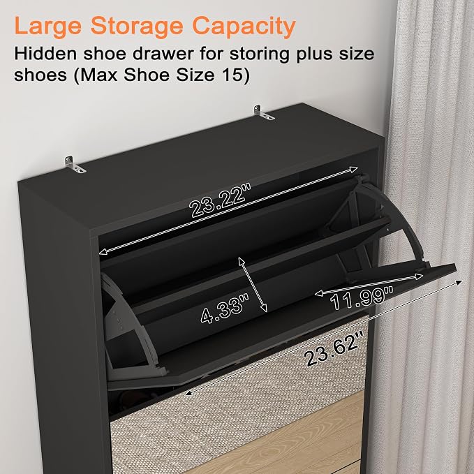Mirrored Shoe Storage Cabinet with 5 Flip Drawers, 30 Pairs | Real Glass Mirror | Fits Men's Size 15 | Narrow Floor Standing | Entryway Organizer | Space-Saving | Black