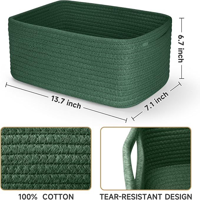 3-Pack Storage Baskets for Organizing | Woven Shelf Toy Basket | Rope Baskets for Gifts Empty | Closet Organizer Bins with Handles | Cube Decorative Box | 13.7×7.1×6.7” | Dark Green